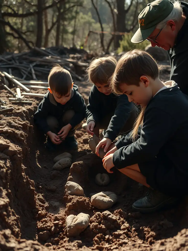 A group of students participating in a hands-on paleontology dig, carefully excavating fossils under the supervision of an instructor. The image conveys excitement and discovery.