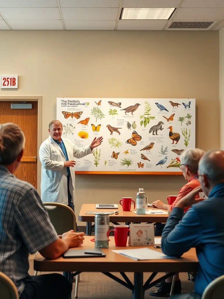 A scientist giving a presentation about local ecosystems to a group of adults in a community center, promoting environmental awareness.