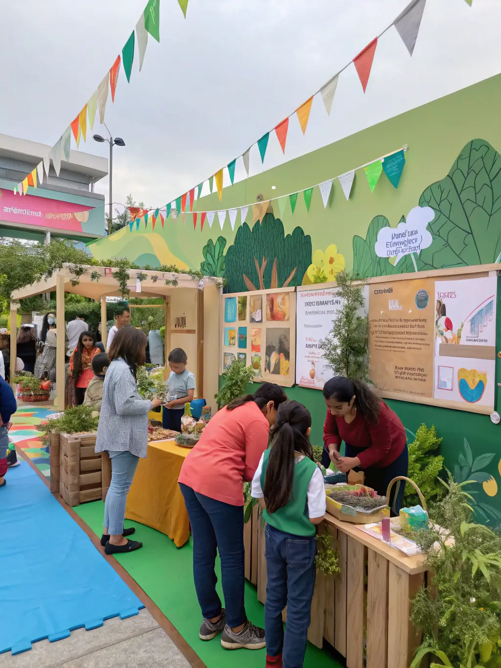 A community event focused on environmental awareness, with booths, displays, and interactive activities promoting sustainable practices.