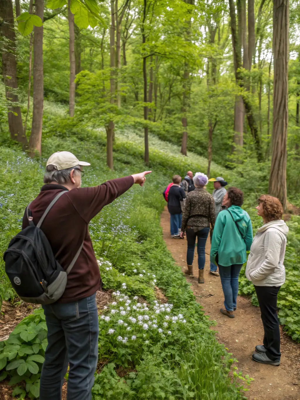 A picture of a guided nature walk, showcasing diverse flora and fauna, with ASSOCIATION PALEODECOUVERTES guides explaining ecological concepts.