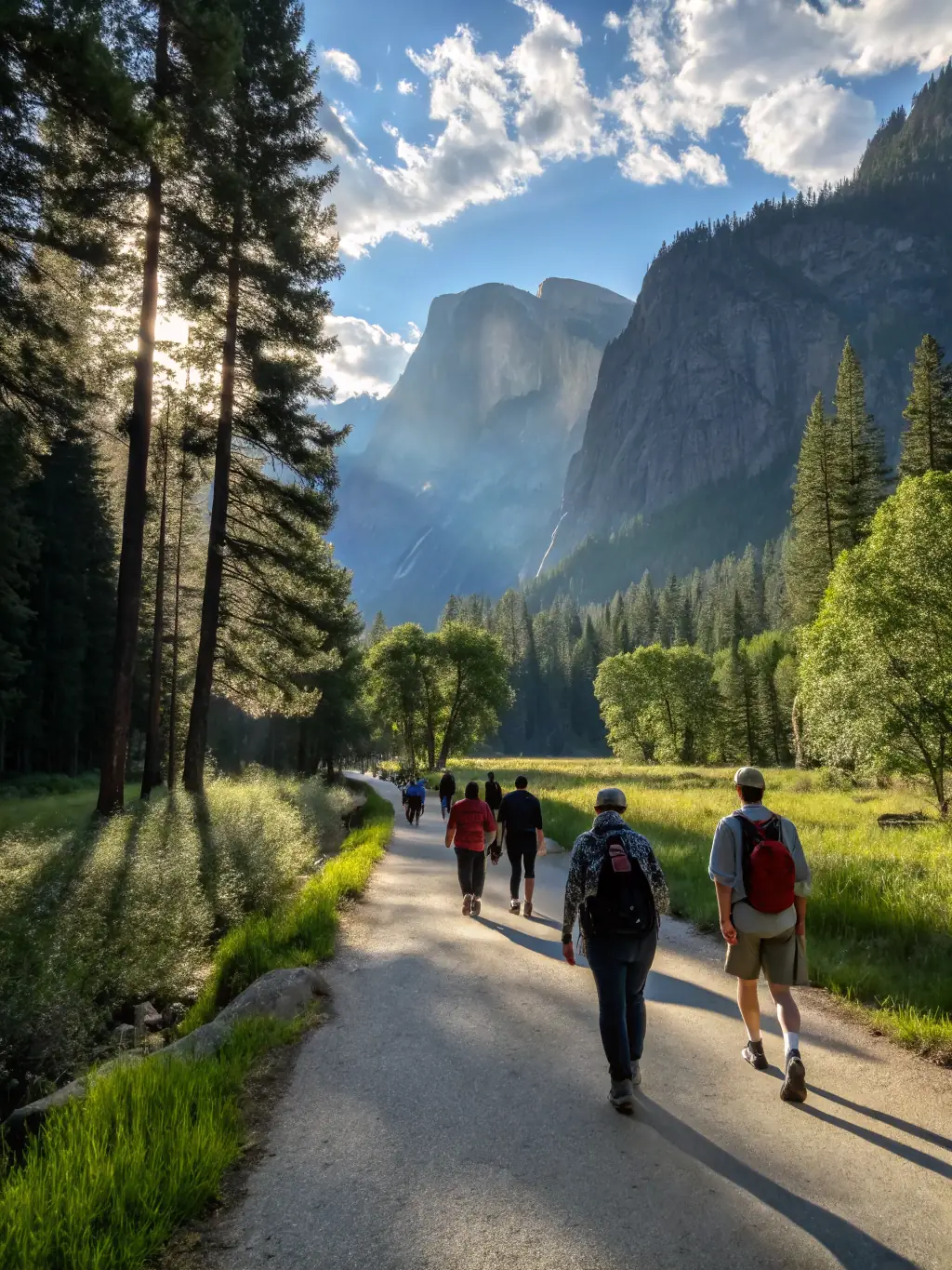 A scenic view of a guided nature walk, with participants observing and learning about local flora and fauna in a natural habitat.