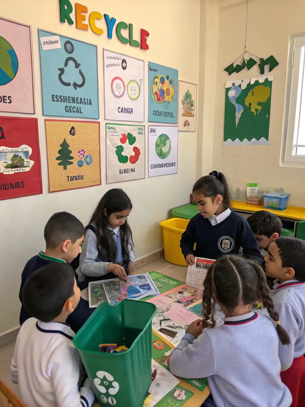A classroom setting where children are engaged in a science experiment related to environmental conservation, using recycled materials.