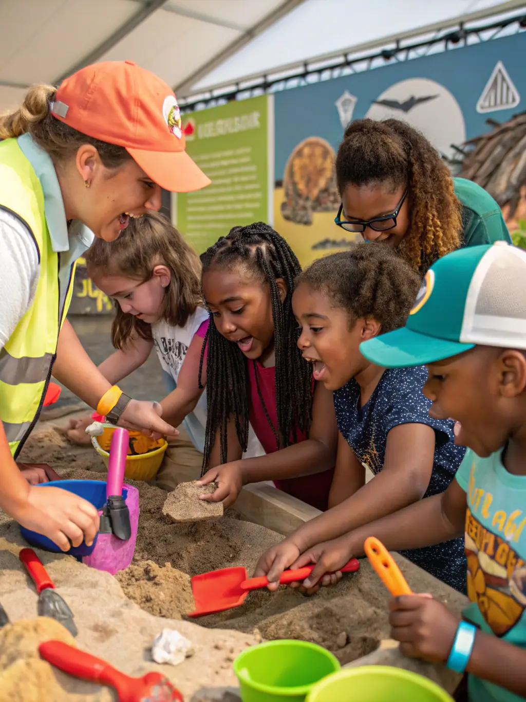 A group of children participating in a hands-on paleontology dig at a local excavation site, supervised by ASSOCIATION PALEODECOUVERTES staff, showcasing the educational aspect of the program.