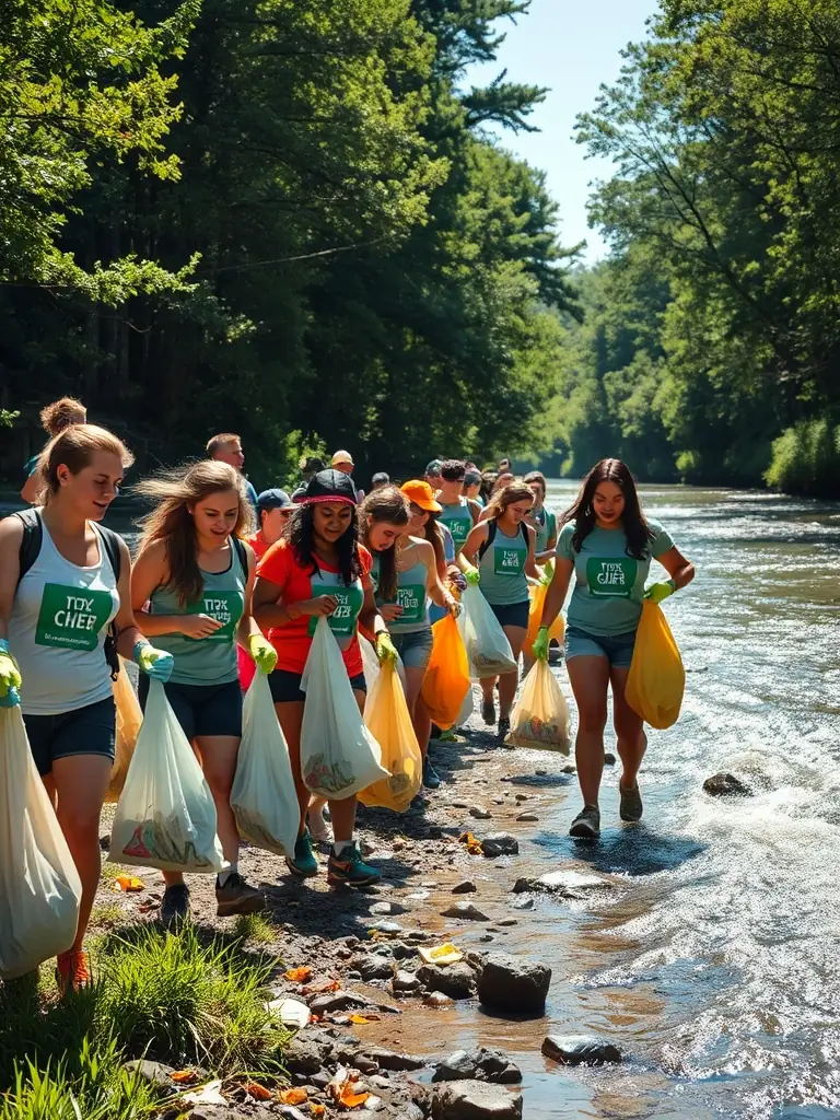 Volunteers cleaning up a riverbank, removing trash and debris, showcasing community involvement in environmental conservation.
