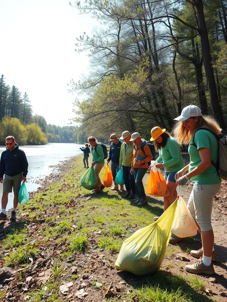 A picture of participants cleaning up a riverbank during an ASSOCIATION PALEODECOUVERTES organized cleanup event, demonstrating the organization's dedication to environmental stewardship.
