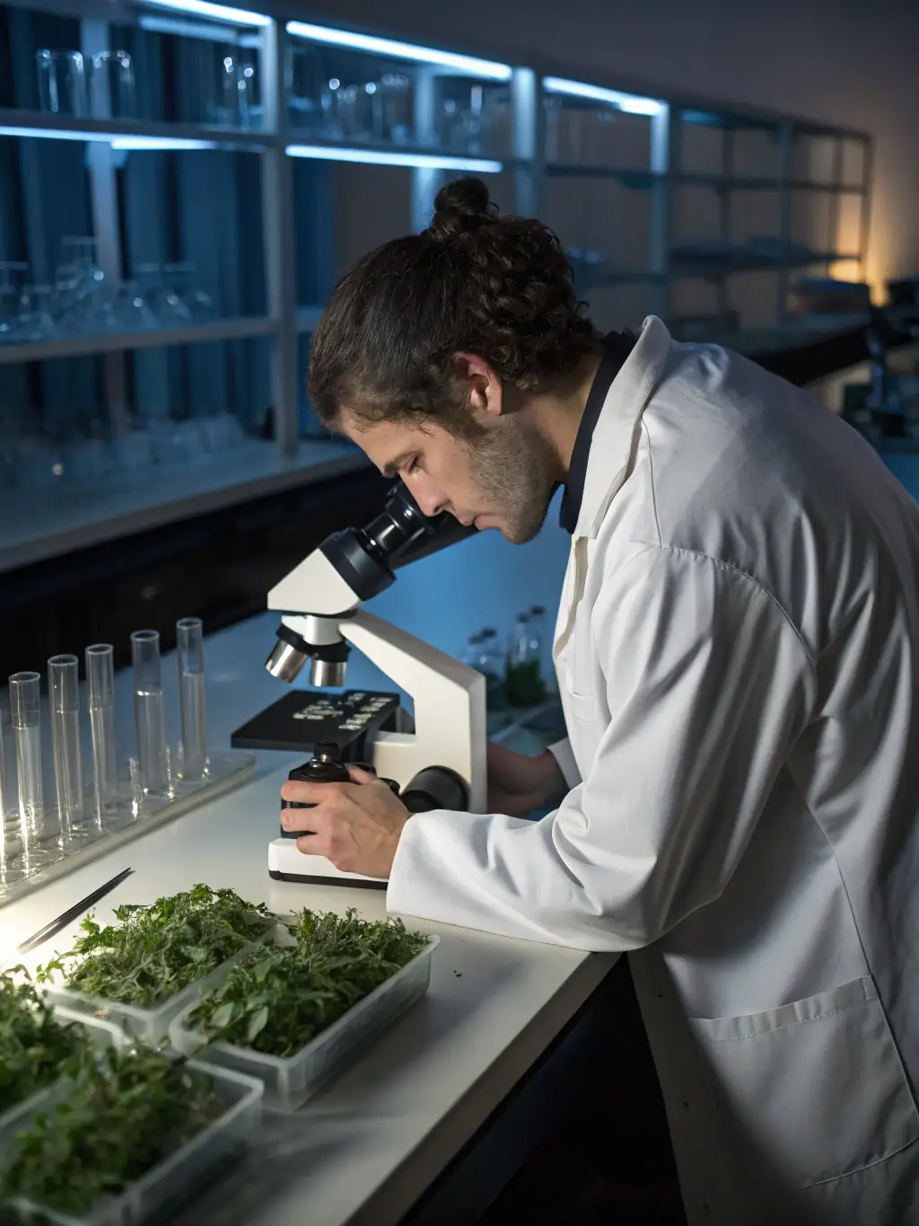 Researchers examining plant specimens in a laboratory, highlighting the scientific research conducted by the organization.
