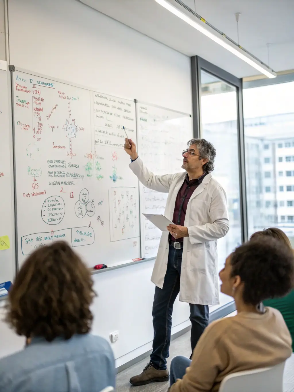 A photograph of a scientist giving a presentation on local biodiversity to a group of adults at an ASSOCIATION PALEODECOUVERTES event, highlighting the organization's role in scientific education.