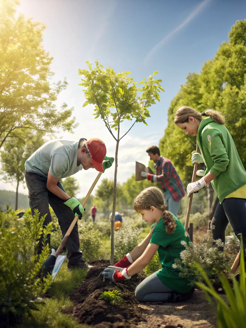 A vibrant image of volunteers planting trees as part of an ASSOCIATION PALEODECOUVERTES reforestation project, emphasizing the organization's commitment to environmental sustainability.