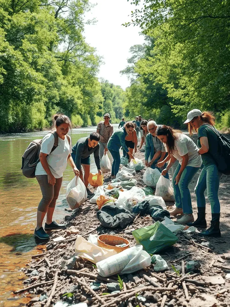 A community event focused on cleaning up a local riverbank, with volunteers collecting trash and debris to improve the environment.