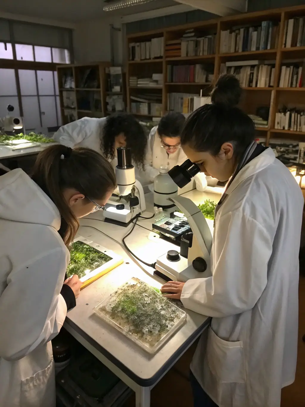 A photo of a workshop session where participants are learning about local ecosystems and biodiversity, with microscopes and plant samples on display.