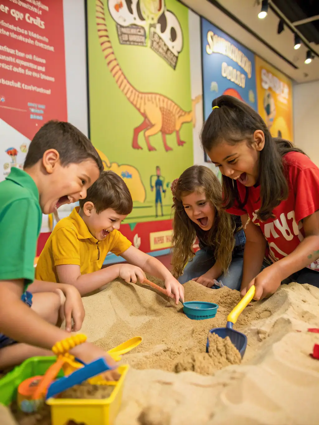 A group of children participating in a fossil dig activity, supervised by an instructor, outdoors in a sunny environment, emphasizing hands-on learning.