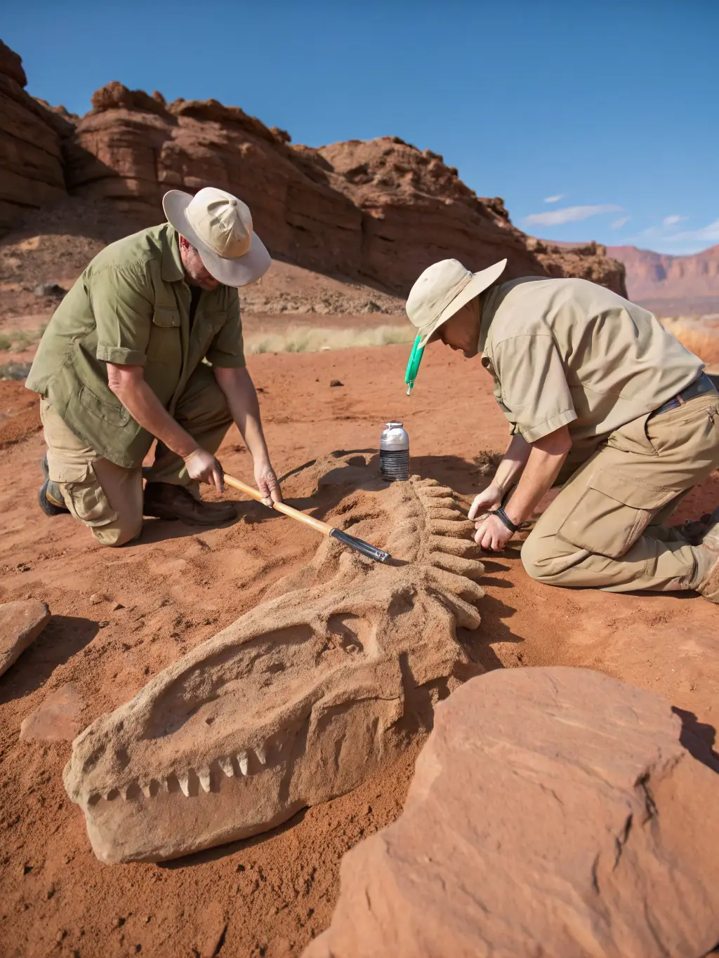 A group of children participating in a fossil dig activity, supervised by ASSOCIATION PALEODECOUVERTES staff, with excavation tools and brushes visible.